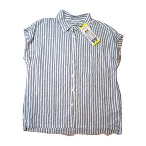 Orvis Linen Blend Blue Stripe Button Down Shirt Short Sleeve Women S NWT